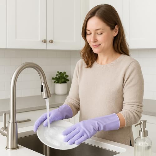 Image of Gloves Magic Silicone Dish Washing Gloves, Silicon Cleaning Gloves, Silicon Hand Gloves for Kitchen Dishwashing and Pet Grooming, Great for Washing Dish, Car, Bathroom (Purple)