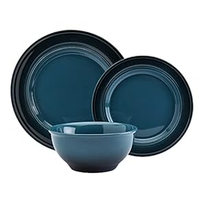 Mason Craft & More Festival Dinnerware Collection- Round Durable Stoneware Bold Colorful Ombre Glaze Plates Bowls, 12 Piece Festival Dinnerware Set in Rich Teal