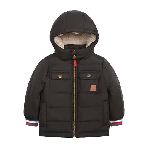 LONDON FOG Boys' Heavyweight Winter Puffer Coat with Sherpa-Lined Hood and Chest Pockets, Black