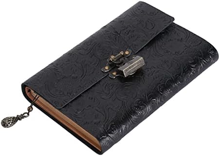 SANOSY Classic Leather-based Journal with Lock Closure And Diary Embossed Sample,Writing Pocket book Diary,Each day Notepad for Males & Girls Medium, Writing pad Reward for Youngsters (black)