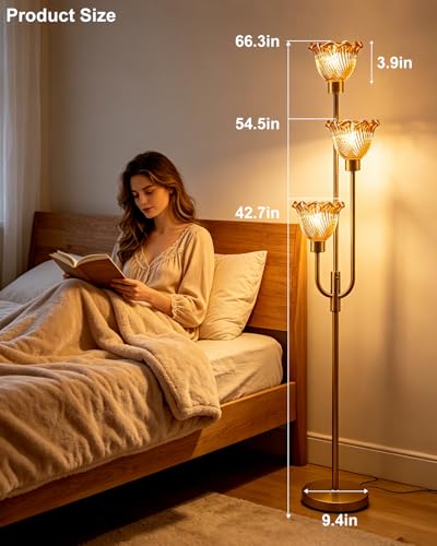 Image of Lightdot 3-Lights Glass Floor Lamp 66IN Modern Gold Dimmable Floor Lamps with 3000K Warm White Bulbs for Wedding Party Tall Standing Lamp with Amber Glass Shade for Living Room /Bedroom /Home Decor