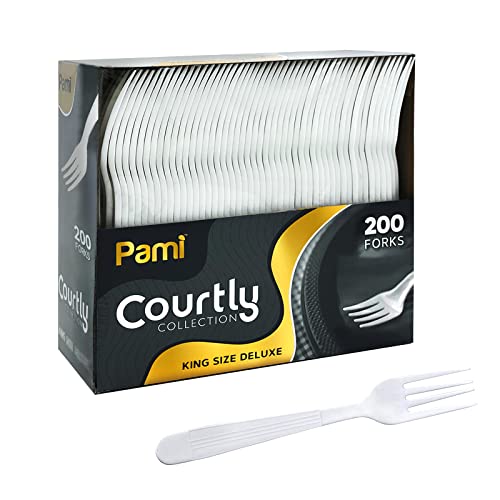 PAMI Heavy Weight Disposable Plastic Forks [200-Pack] - Bulk King Size Deluxe White Plastic Silverware For Parties Weddings Catering Food Stands Takeaway- Heavy-Duty Single-Use Partyware Forks