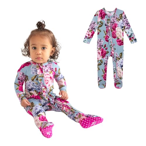 Image of Posh Peanut Footie Pajamas for Baby Girls – Sleepers in Ultra-Soft Viscose from Bamboo with 2-Way Zipper & Ruffle Trim