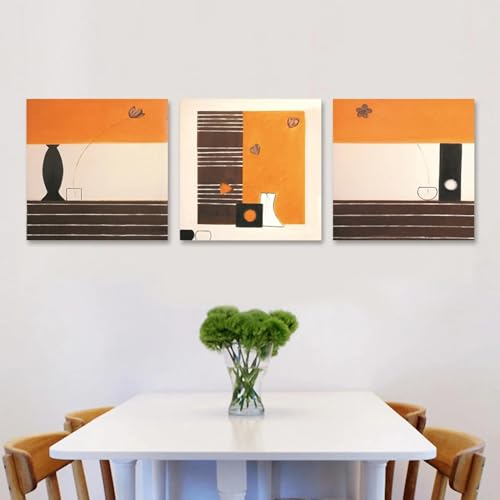 Vase toile abstrait KEBIA Cuisine moderne orange noir, 3 affiches de 30x30 cm sans cadre
