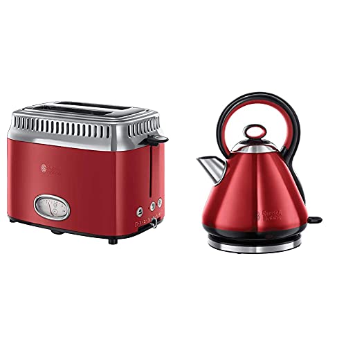 Russell Hobbs Toaster Retro Rot 21680-56 (1300W, Countdown-Anzeige im Retrodesign, Brötchenaufsatz, 6 einstellbare…