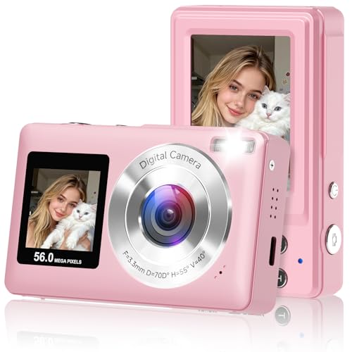 Digital Camera, 2026 Upgraded 56MP Pink Digital Camera, Dual Screens Cameras for Selfies with 16X Zoom, Compact Cameras with Smile Capture Anti Shake with 32GB SD Card for Kids Teens Adults