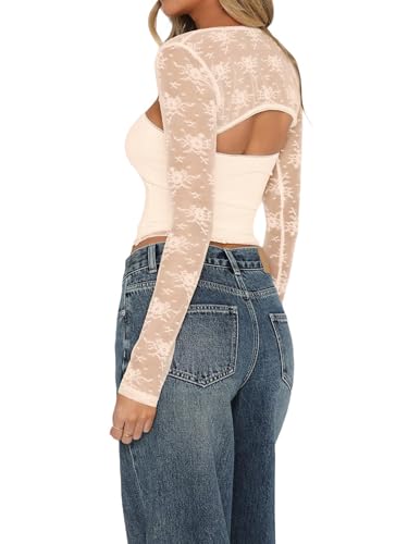 Image of JOKELAMB Women's Lace Mesh Bolero Shrug, Long Sleeve Crop Cardigan | Lace, Long Sleeve, Y2K, Floral,Adds Elegant Arm Coverage for Camisoles Dresses