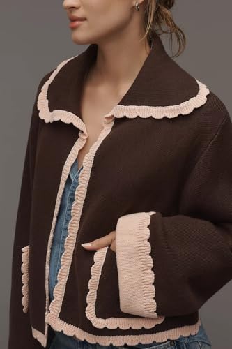 VAOYIU Contrast Trim Scalloped Knit Jacket Womens Cropped Collared Coat with Retro Charm Versatile Styling All Match4