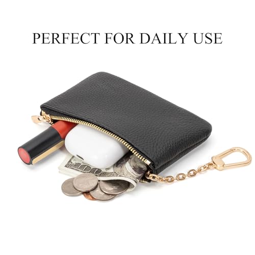 Image of Full Grain Leather Coin Purse with Key Chain - Small Change Purse Keychain Card Holder Keychain Pouch Small Keychain Wallet for Women and Men (Black - Large Size)