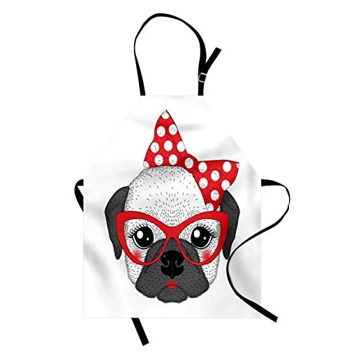 ABAKUHAUS Buldog Delantal de Cocina, Pin Up Retro Mujer Mascotas, Apto para Lavadora Colores No Destiñen Resistentes al Agua, Bermellón Gris Y Negro