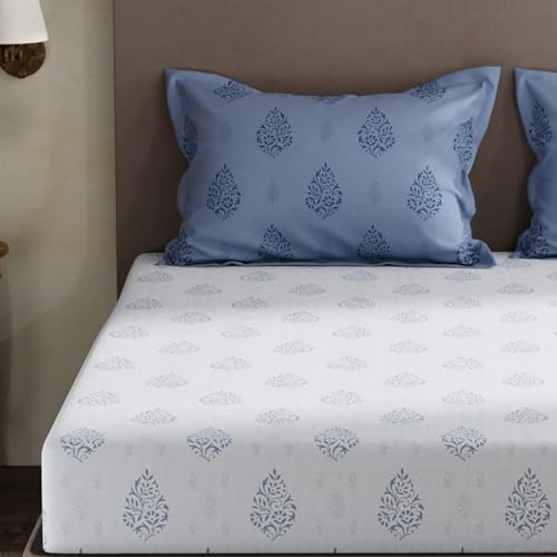 Image of Layers 100% Cotton King Size Bedsheet Set | Blue Floral Print | 120 TC Forever Collection | Soft & Breathable | Washable Bedsheet with 2 Pillow Covers | All Season