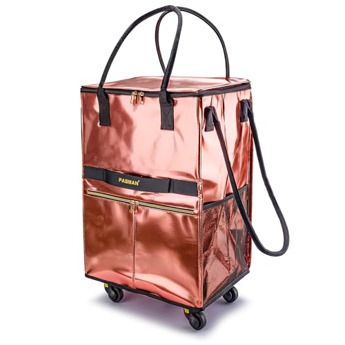 Image of PASMAN Reusable Foldable Rolling Grocery Bag on 5 Wheels,Medium, Rose Gold | Heavy-duty woven build,zippered top cover,detachable base,67L capacity,packs flat for laundry,travel,market