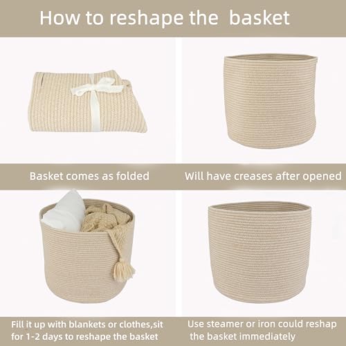 XUANGUO Cotton Rope Basket For Girls Boys Kids 16”X14” Baby Laundry Basket Nursery Bin Round Woven Baskets Organizer For Storage Toys Blankets Shoes Clothes oatmeal - Thumbnail 7