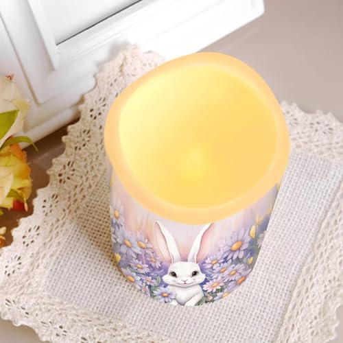Image of Easter Bunny Daisy Plastic Flameless Candles with Remote Control and Timer LED Flickering Battery Operated Color Changing Electric Pillar Candles Easter Decoration