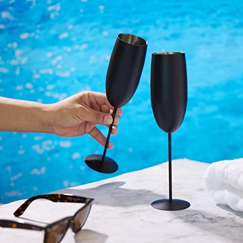 Oak & Steel - 4 Elegant Stainless Steel Black Matte Champagne Flute Glasses, 285ml - Unbreakable Party Glass Gift Set