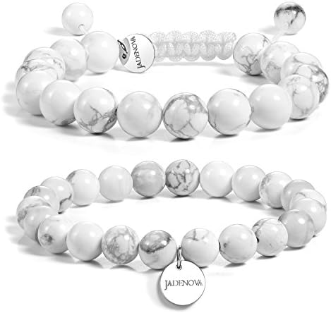 JADENOVA 8/10mm Natural White Howlite Gemstone Bracelets Round Beads Stretch Bracelet Adjustable Beaded Bracelet Couple Distance Bracelets Unisex (2pcs Bracelet Set)
