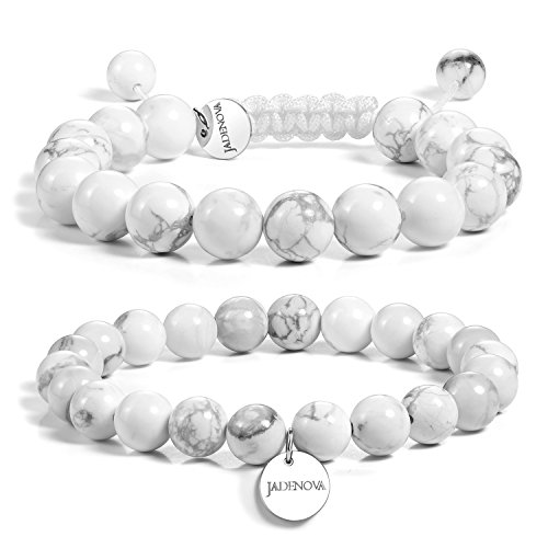 JADENOVA 8/10mm Natural White Howlite Gemstone Bracelets Round Beads Stretch Bracelet Adjustable Beaded Bracelet Couple Distance Bracelets Unisex (2pcs Bracelet Set)