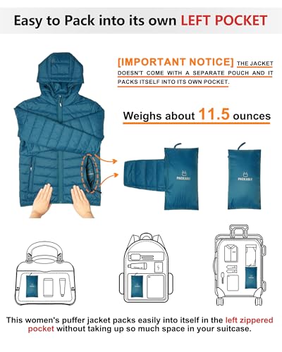 Outdoor Ventures Damen Steppjacke Leichte Packbare Übergangsjacke Warme Winterjacke mit Kapuze für Frauen Gefüttert Pufferjacke mit Taschen für Freizeit Wandern Reisen Keramik Blau 3XL