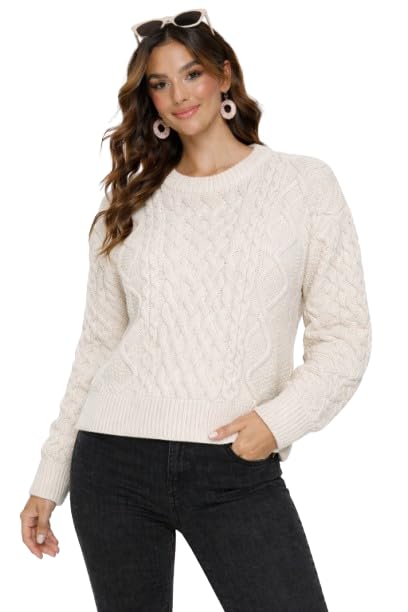 nobarr Women's White 100% Acrylic Cable Knit Round Neck Full Sleeve Sweater-picture-15