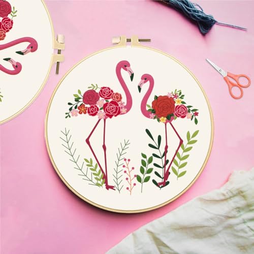 Image of FREEBLOSS 4 Set 8'' Roses Embroidery Kit Flamingo Stamped Pattern Hand Embroidery Kit Embroidery Starter Kit with Detained Instructions Cross Stitch Kit Includes Embroidery Hoops, Color Threads