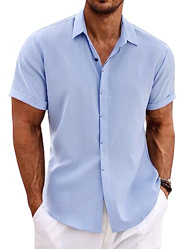 COOFANDY Mens Linen Shirts Short Sleeve Summer Shirt Casual Holiday Shirt Cotton Button Down Beach Shirt Light Blue XXL