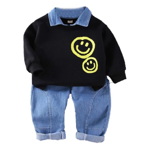 Image of Bold N Elegant Happy Face Smile Printed Boys Full Sleeve Collar T-Shirt and Denim Pant Party Clothing Set For Boys Kids (Black, 3-4 Years)