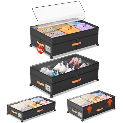 Under Bed Storage with Wheels, Large Capacity UnderBed Containers with Clear Lids, Shoe Organizer Under Bed Drawers, Rolling Under the Bed Storage for Clothes, Shoes, Blankets