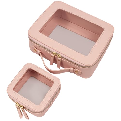 Image of LETGO Clear Mahjong Tiles Set,Portable Travel Toiletry Bag Cosmetic Case for Women,Vegan Leather Make Up Pouch Organizer Pink Car Essentials for Girls Women (Mini+Large Pink)