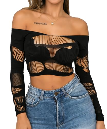 Sesiwadbe Women Sexy Crop Top Shirt Fishnet Lingerie Bikini Cover Up (Black,M)