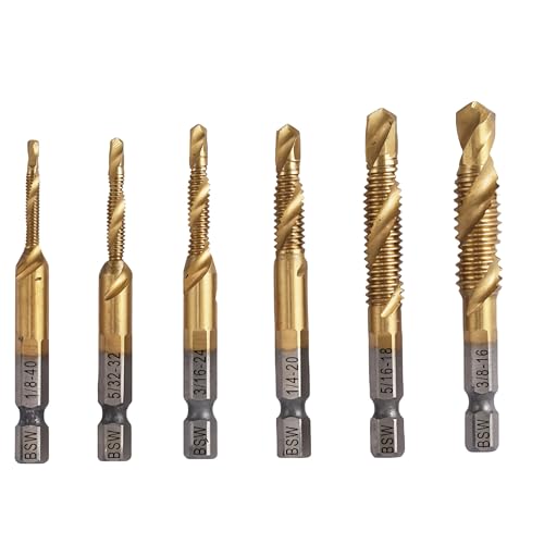 FOCMKEAS 6 PCS Combination Drill and Taps Bit Set, BSW HSS 4341 with Ti-Plating 1-8-40, 5-32-32, 3-16-24, 1-4-20, 5-16-18 and 3-8-16 Threaded Drill Tap Set with 1-4(6.35mm) Hex Shank