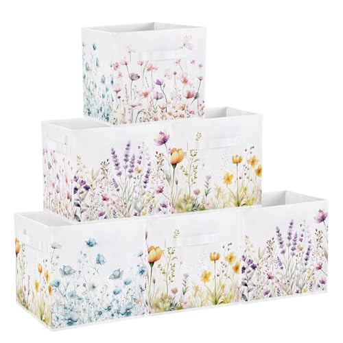 Geelin 6 Pcs WildFlower Cube Storage Bins 11 Inch White Storage Basket with Handle, Preppy Girls Organizer Basket, Collapsible Fabric Box for Classroom Bedrooms