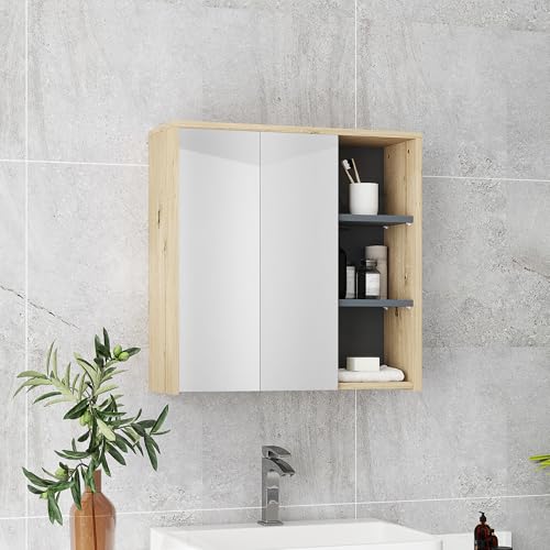 HOMCOM Armoire de Salle de Bain avec Miroir, Armoire de Toilette Miroir Montage Mural avec 3 étagères Ouverts et 2 Portes, 60 x 20 x 60 cm, Bois Naturel