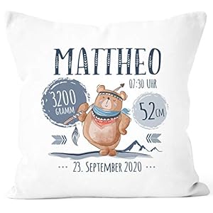 SpecialMe® personalisierbares Kissen zur Geburt mit Boho Bär, Geburtskissen (ohne Füllung), Namenskissen Geschenk Geburt…