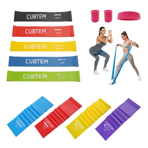 Bandas Elasticas Fitness Set de 9, 5 Bandas de látex para Fitness, 4 Bandas de Resistencia de TPE, Bandas de Resistencia para Gimnasio, Ideales para musculación, Pilates, Yoga
