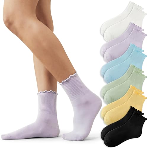 Image of Fszsaa 6PAIRS Trim Ruffle Socks Women Cotton Casual Mini Crew Socks Low Cut Ankle Socks MultiColor