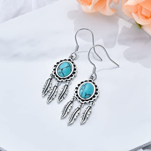 Sisgem Blue Turquoise Earrings With Feathers In Sterling Silver For Women Girls,S925 Turquoise Gemstone Dangle Earrings Drop Piercing Jewelry Gifts For Birthday Christmas (Sterling Silver- Blue Turquoise) #TOP5