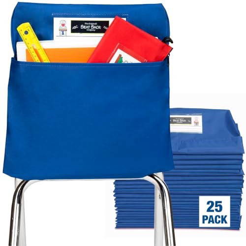 Image of Seat Sack Student Chair Storage Pocket - 17 inch, Single Pocket, Classroom Chair Organizer for Student Desks, Durable Over-the-Chair Storage, Ready-to-Use Name Tag Window, Blue, 25-Pack