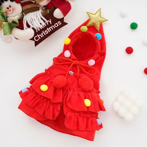 Vellibring Cat Christmas Outfit Red Pet Cloak with Hat with Star and Pompoms Puppy Cape Clothes Xmas Tree Elf Costumes Party Pet Supplies Accessories for Small Dogs Cats Pet Santa Presents