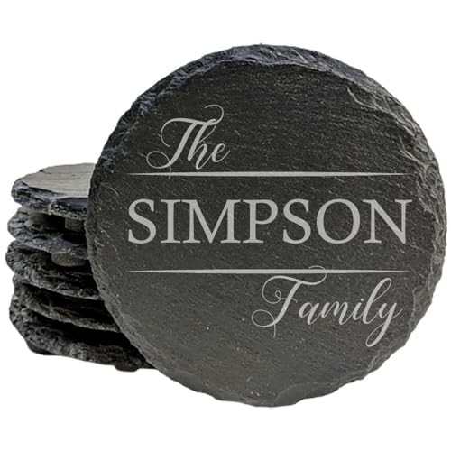 Coasters for The Family: Round Split Monogram Slate Drink Coasters with Fancy Script - Round Slate - Set of 6