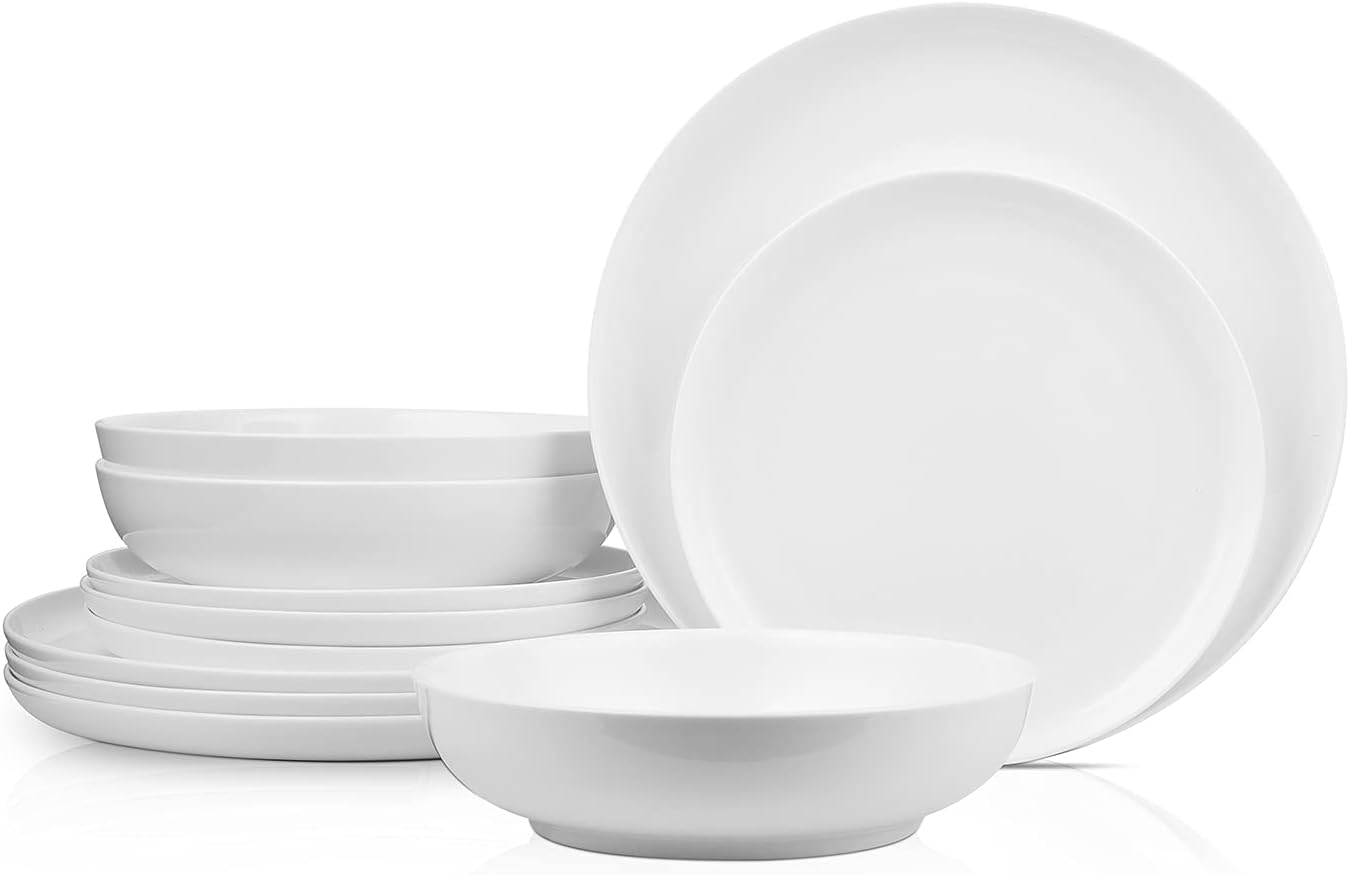 Stone Lain Gabrielle Bone China Dinnerware Set, 12-Piece Service for 4, Solid White