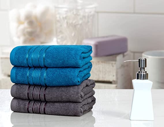 Image of 100% Cotton 4 Piece Hand Towel Set, 380 GSM Super Absorbency & Ultrasoft (40x60cm.) (Grey & Teal)