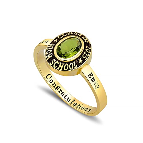 Fully Personalized Customized Sterling Silver Ladies High School And College Class Ring Cubic Zirconia Birthstone Class Rings Graduation Gifts Black Band Collection -Ccjcinata (Sterling Silver - Gold Plated) #TOP2