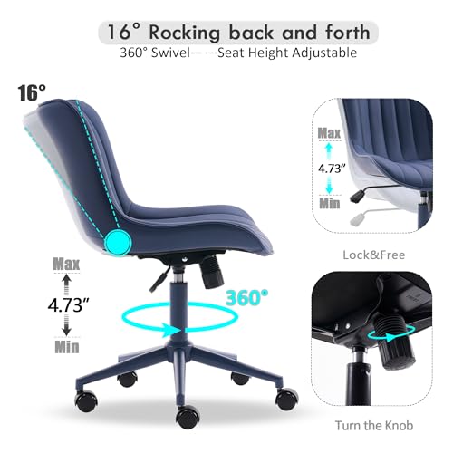 Image of YOUNIKE Office Desk Chair with Wheels Armless Vanity Chair Modern Navy Blue | Faux Leather Upholstered with Rocking Back, Swivel Height Adjustable, Small Cute Computer Rolling Task Chair Ergonomic