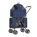 Katzentoilette Tragbarer, zusammenklappbarer Doppelstock-Haustierkinderwagen, Abnehmbarer Trennungskinderwagen for Hunde, Katzen und Haustiere(Blue)