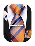 Barry.Wang Tie Sets for Men Plaid Necktie Silk Woven Checkered Handkerchief Cuff Links with Clip Business Orange Blue