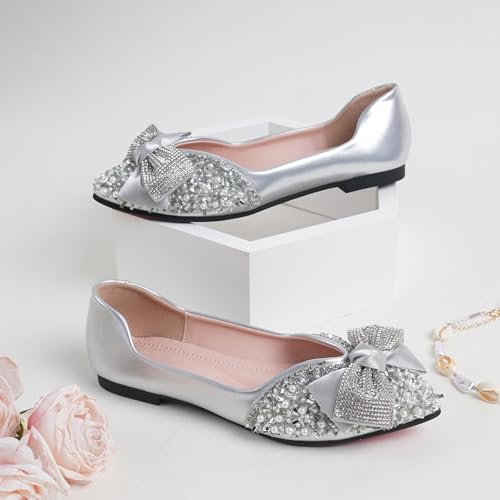 QXCXINGDY Silver Flats Shoes Women Rhinestone Wedding Flats Comfort Pointed Toe Ballet Flat Shoe Low Heel Dress Shoes Sparkly Flats for Women Size - 11 by QXCXINGDY - Used condition - Image 4