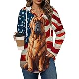 Tibetan Mastiff USA Flag Hoodies for Women V Neck Pullover Sweatshirts Long Sleeve Shirts Fashion Tops