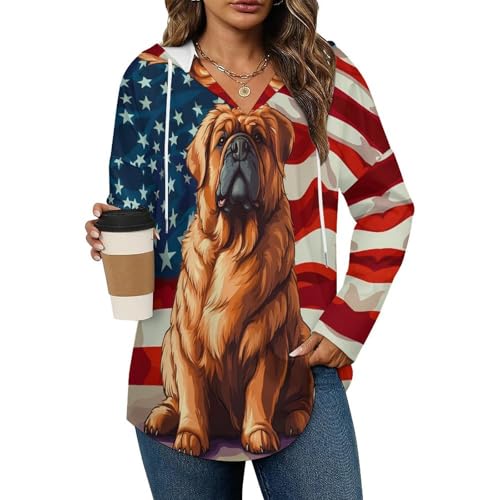 Tibetan Mastiff USA Flag Hoodies for Women V Neck Pullover Sweatshirts Long Sleeve Shirts Fashion Tops