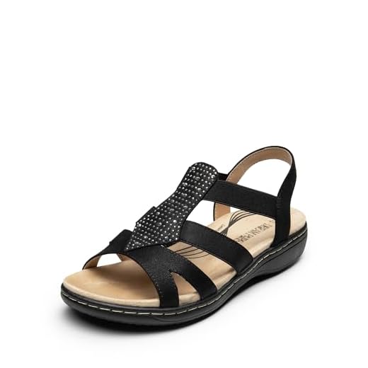 DREAM PAIRS Women's Comfortable Arch Support Dressy Flat Sandals Elastic Open Toe Walking Shoes for Summer,Size 8W,Black,DWUWFS2501