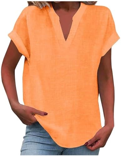 Tunic Tops for Women Loose Fit Dressy Casual Buttons Vneck Blouses Trendy Summer Cotton Linen Shirt Holiday Outfits